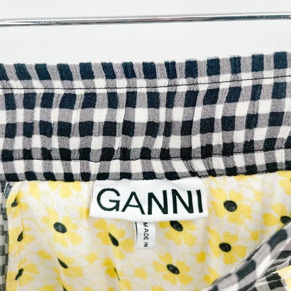GANNI Daisy Printed Floral Crepe Paneled Maxi Skirt Gingham Yellow Flowy EU 40 - Picture 12 of 15